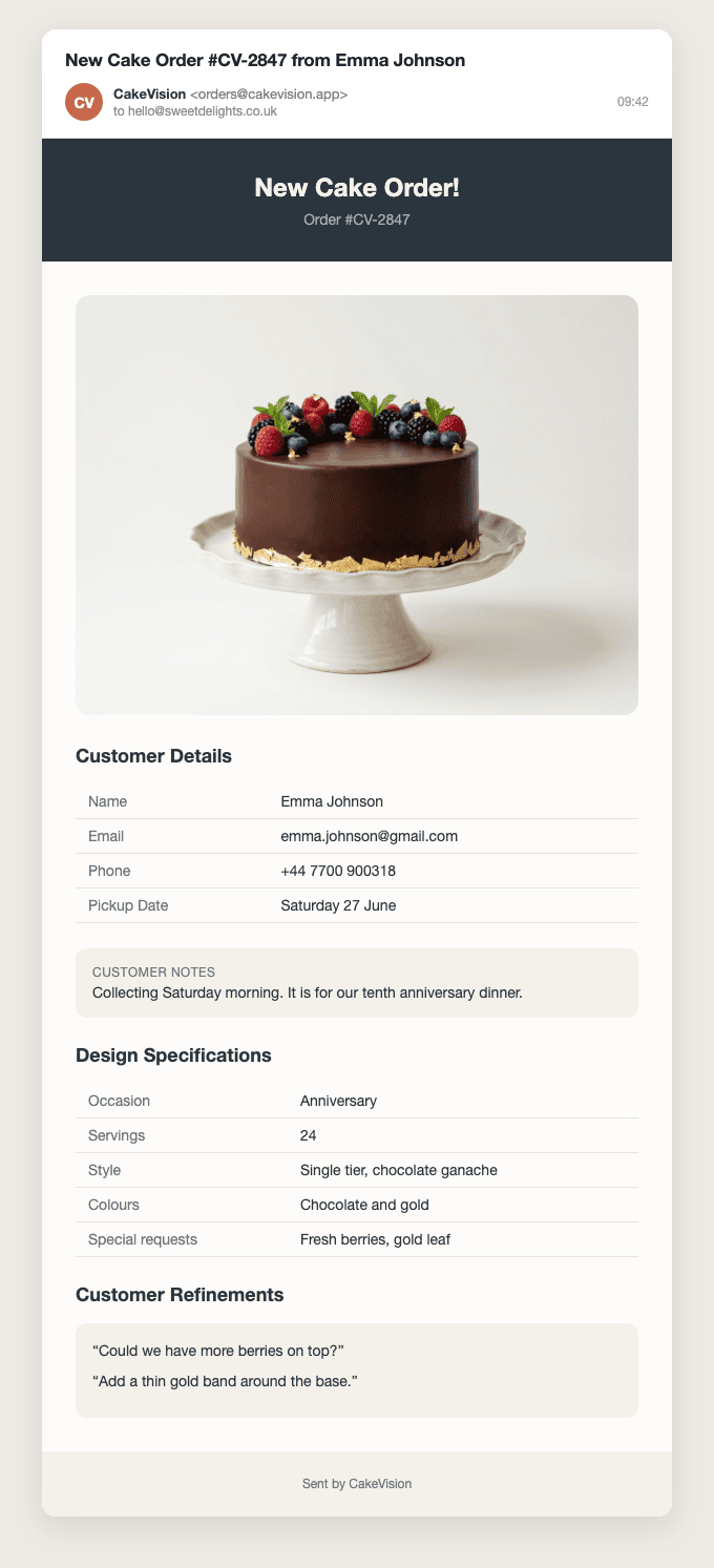 The order notification email a baker receives, showing the approved cake design, customer details, design specifications and the customer's refinements